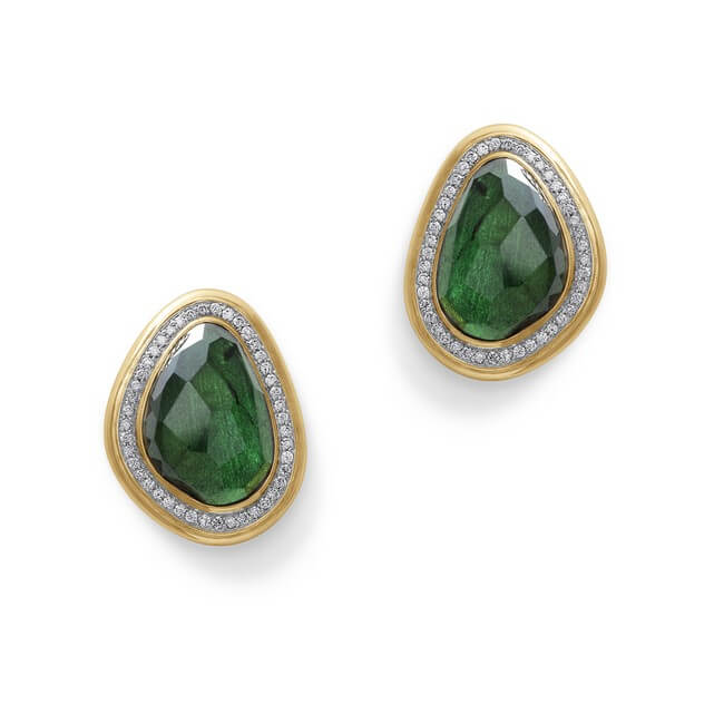 Faceted Green Tourmaline and Diamond Halo 18K Earrings