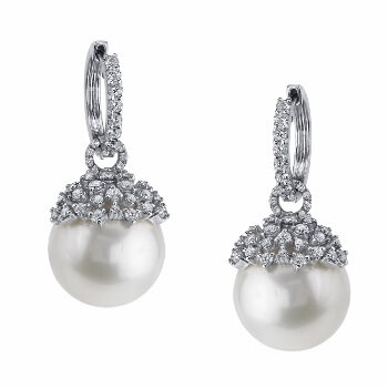 18KT White Gold, South Sea Pearl and Diamond Earrings - Adeler Jewelers