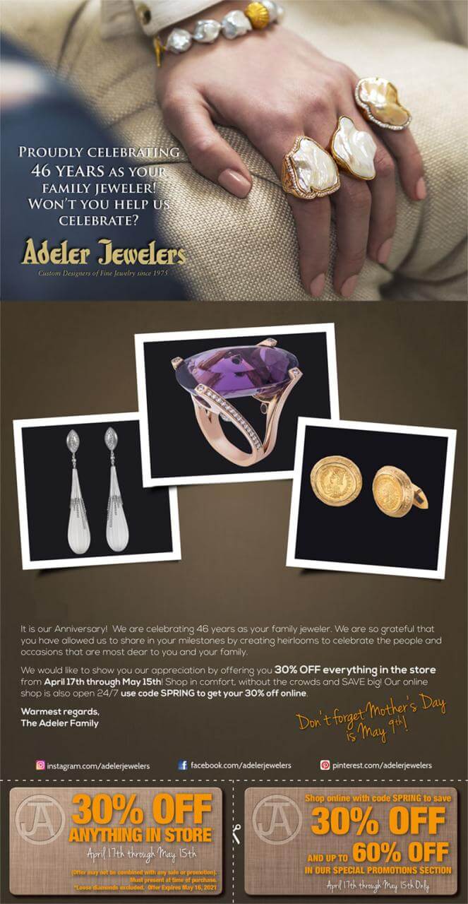 2021 Adeler Jewelers Anniversary Sale 30% Off