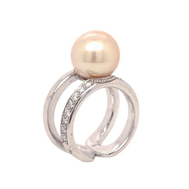 Golden South Sea Pearl and Diamond Double Shank 14KT White Gold Ring