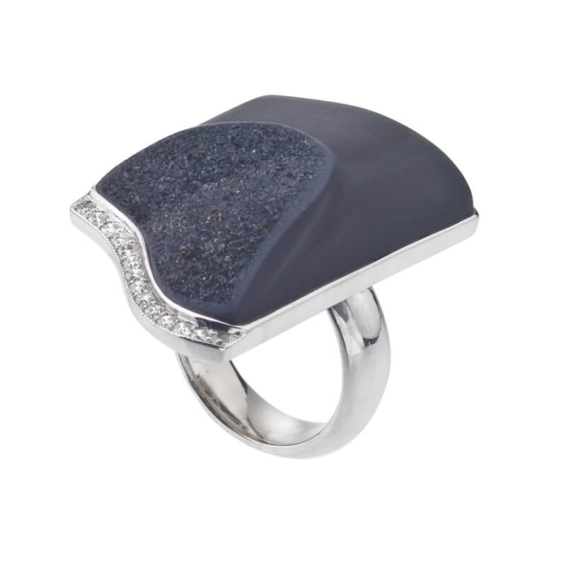 14KT White Gold, Druzy Onyx and Diamond Ring