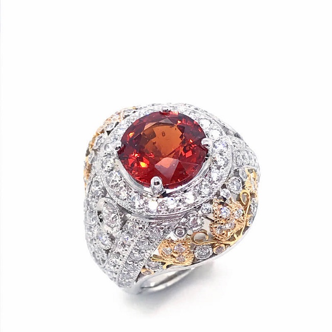 Platinum,18KT Hessonite Garnet and Diamond Ring