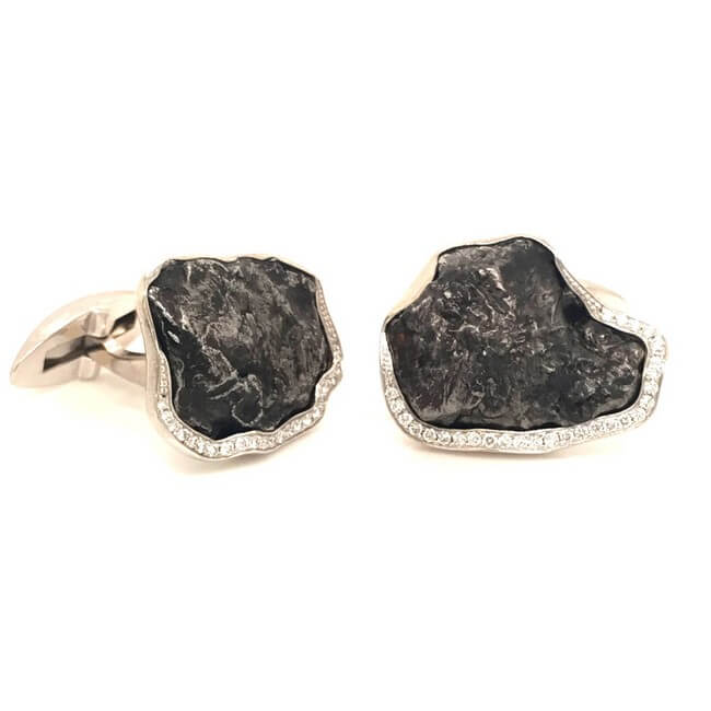 18KT White Gold Authentic Sikhote-Alin Meteorite and Diamond Cufflinks