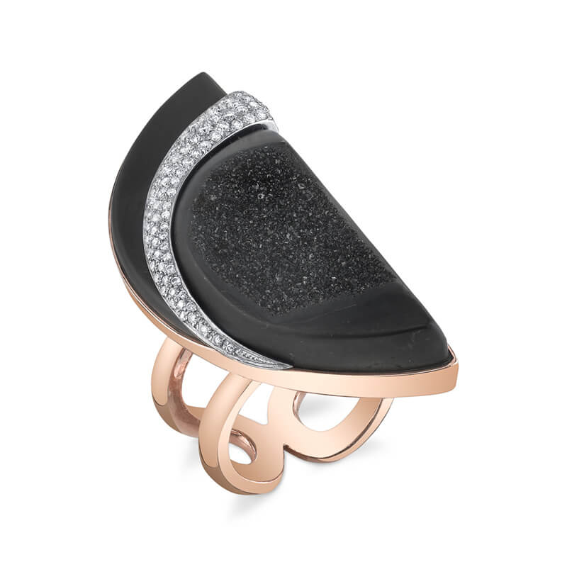 14KT Red Gold, Druzy Black Onyx and Diamond Ring