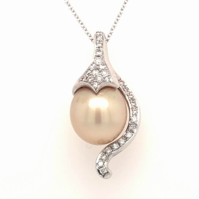 14KT White Gold Golden South Sea Pearl and Diamond Pendant