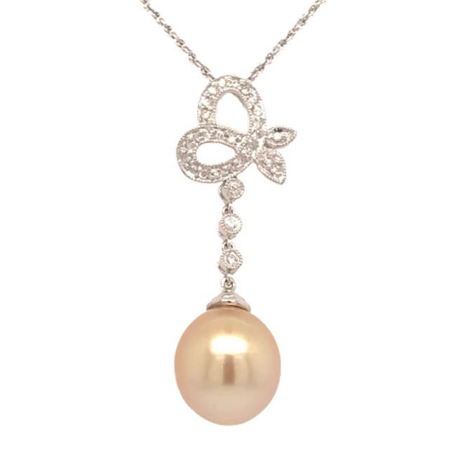 18KT White Gold Golden South Sea Pearl and Diamond Pendant