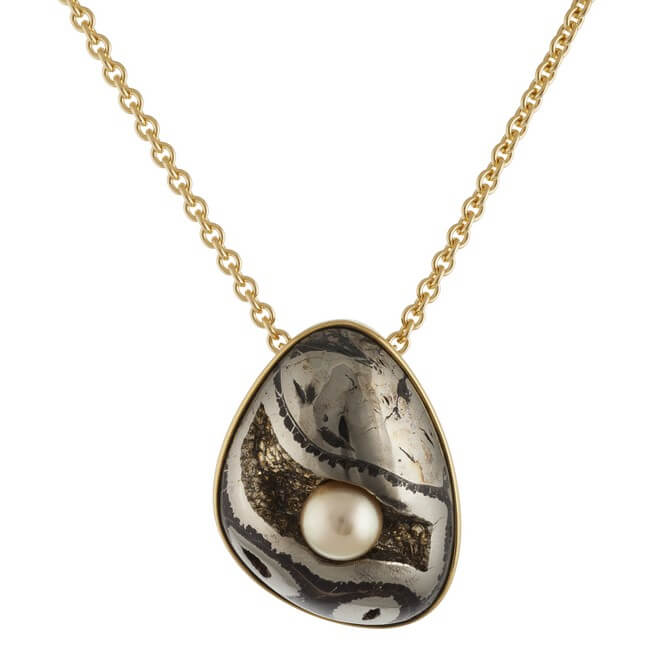 18KT Yellow Gold, Pyritized Ammonite and South Sea Pearl Pendant