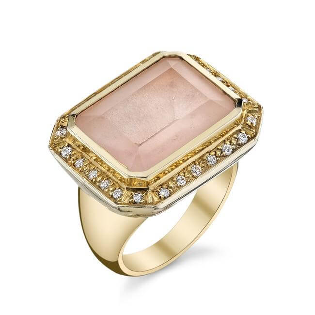14KT Yellow Gold, Rose Quartz and Diamond Ring
