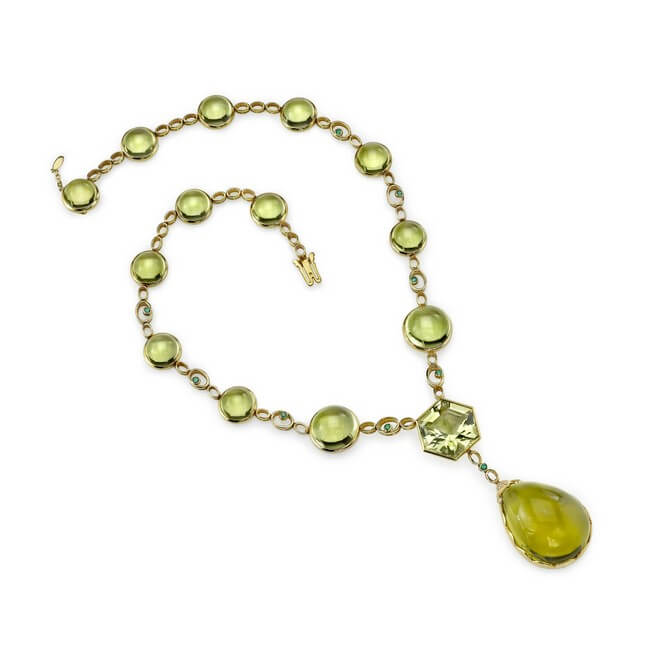 14KT Yellow Gold, Lemon Quartz, Emerald and Diamond Necklace