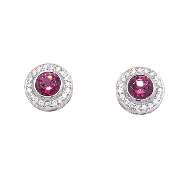 14KT White Gold Rhodolite Garnet and Diamond Halo Earrings