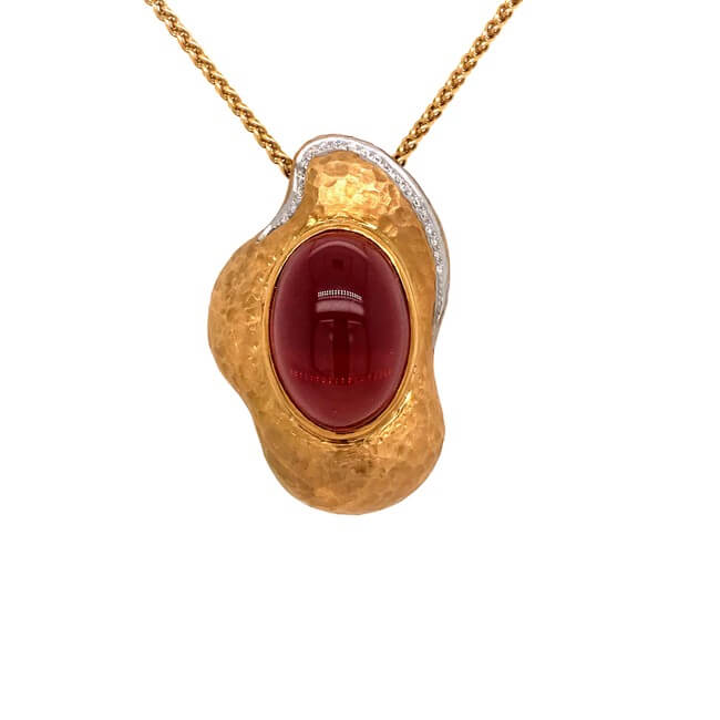 Red Tourmaline and Diamond Hammered 18K Necklace.