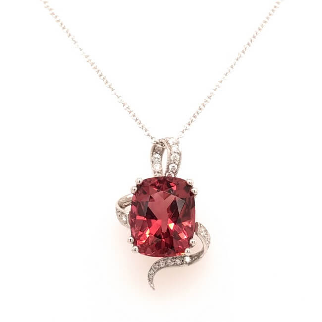 18KT White Gold Pink Tourmaline and Diamond Pendant