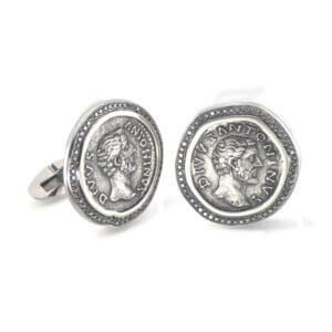 18kt white gold Antonino Pius authentic ancient coin cufflinks with black diamonds.