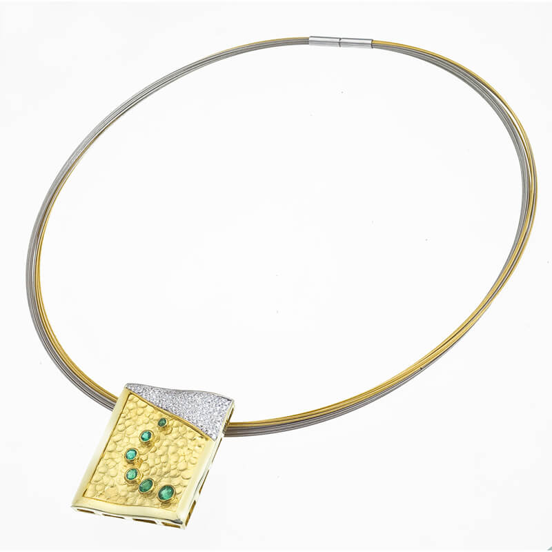 18kt yellow gold, Emerald and Diamond modern design pendant.