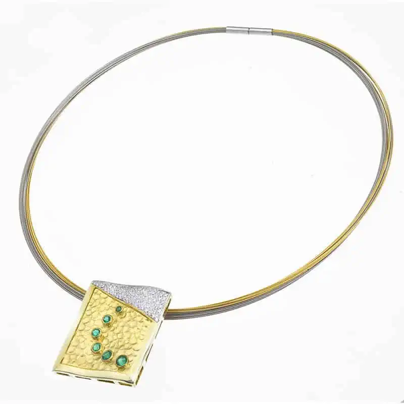 18kt yellow gold, Emerald and Diamond modern design pendant.