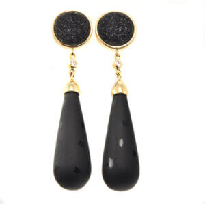 Druzy black onyx and frosted black onyx dangle earrings.