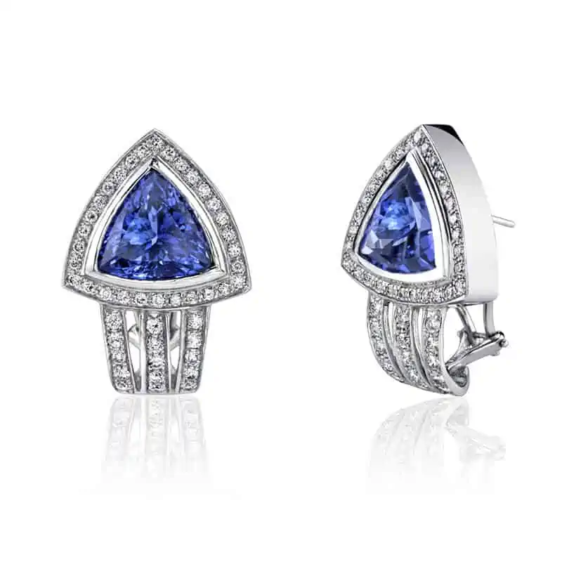 White gold earrings with tanzanite and diamonds and omega backings