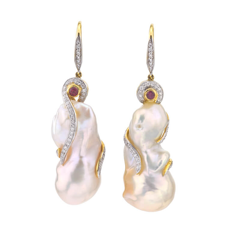 18kt yellow gold, diamond and ruby, baroque pearl earrings.