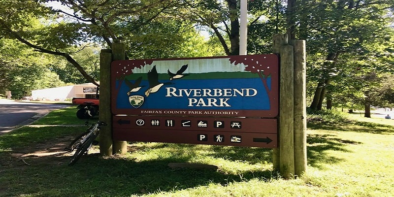Riverbend park sign where you can see the bluebells at the riverbend