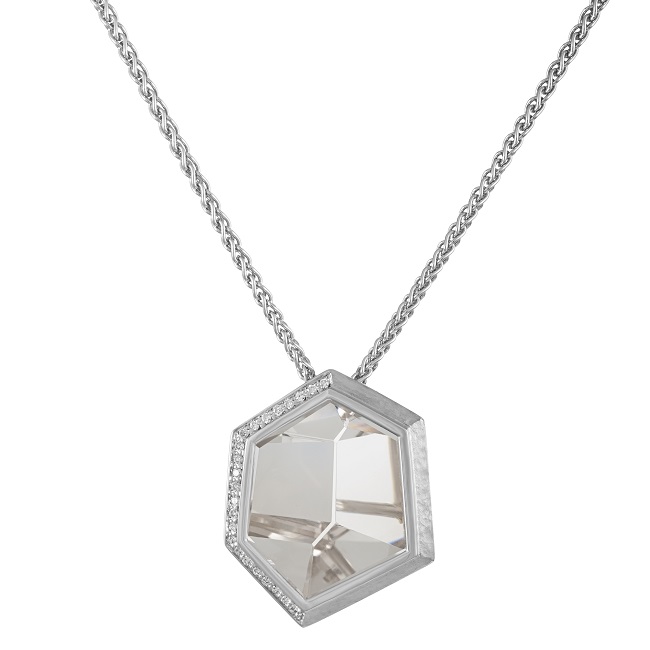 18Kt White Gold Clear Quartz and Diamond Mirror Pendant