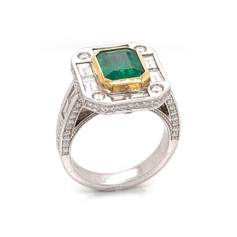 Emerald and Diamond ring worn by pamela brown for dc magazine.