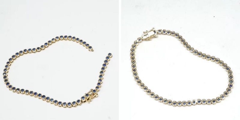 Picture of a bracelet that was broken before and after being repaired.