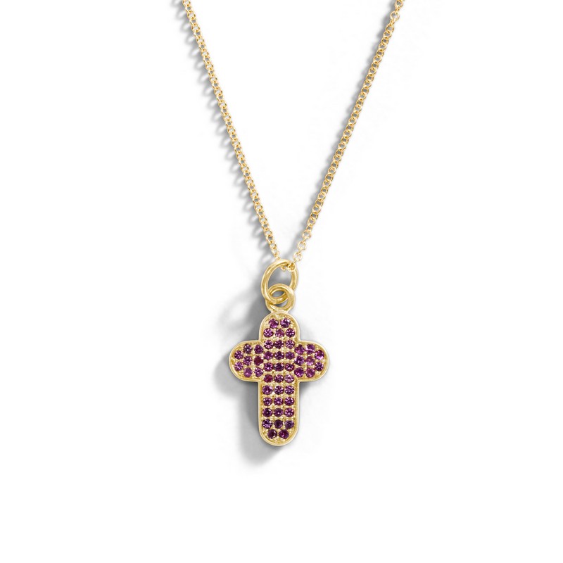 18K Yellow Gold + Pink Sapphire Cross Charm