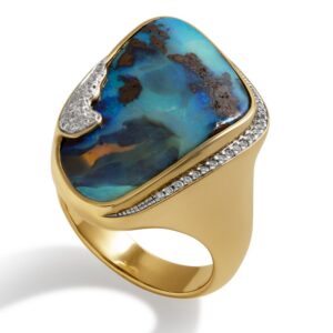 18K Yellow Gold Boulder Opal and Diamond Ring