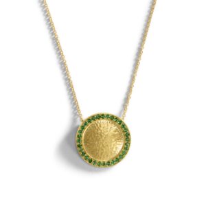 18K Yellow Gold Hammered Disk with Tsavorite Necklace