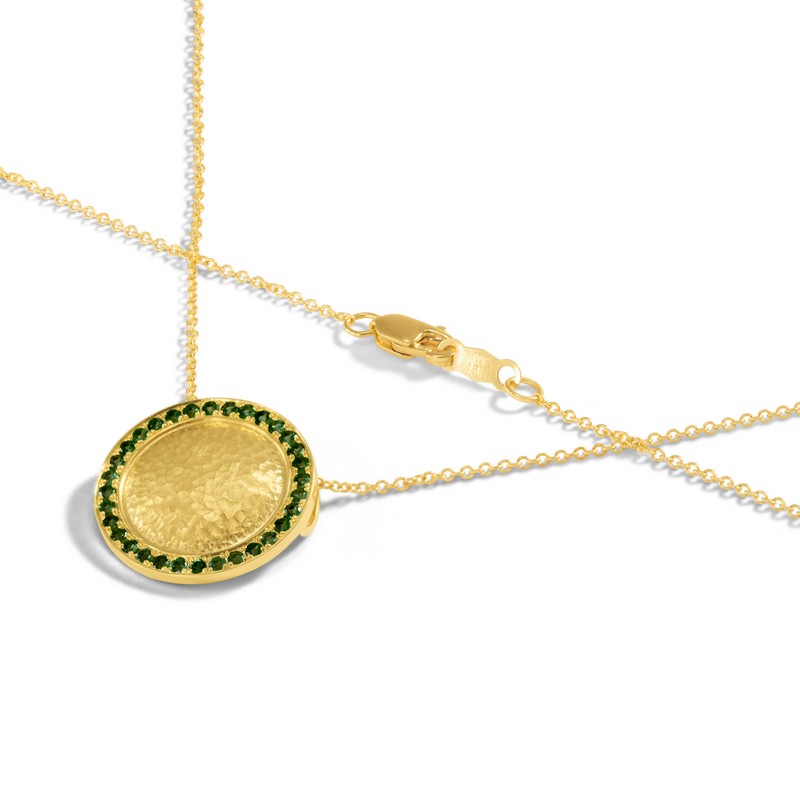 18K Yellow Gold Hammered Disk with Tsavorite Necklace