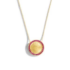 18K Yellow Gold Hammered Disk with Pink Sapphire Necklace