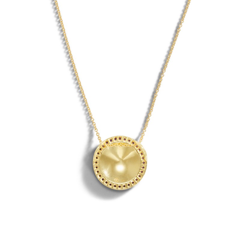 18K Yellow Gold Hammered Disk with Pink Sapphire Necklace