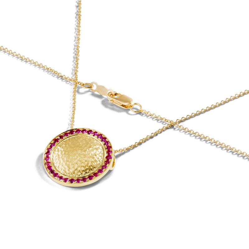 18K Yellow Gold Hammered Disk with Pink Sapphire Necklace