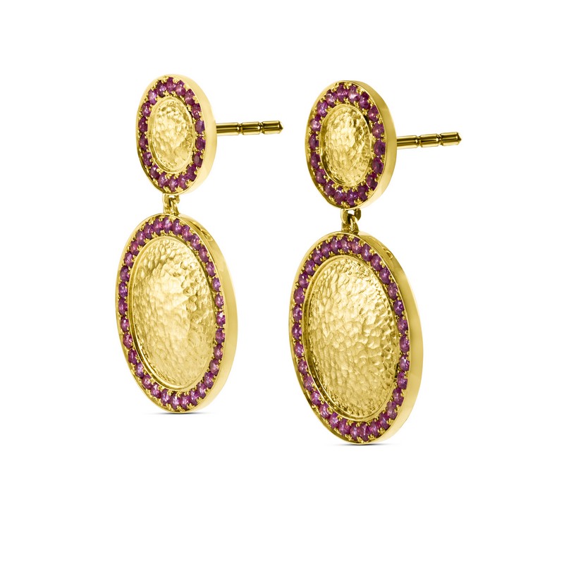 18K Yellow Gold Pink Sapphire Double Disk Earrings