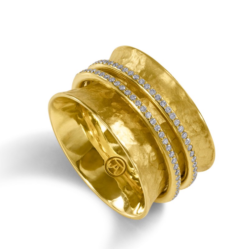 Hammered Gold Ring with Double Diamond Band