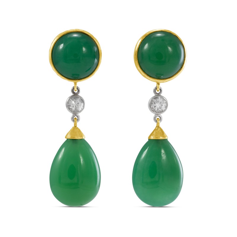 Chrysoprase and White Sapphire Dangle Earrings