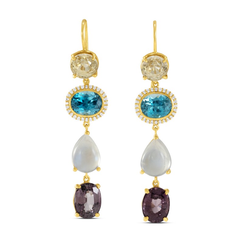 18ky Spinel Blue Zircon Moonstone and Diamond Earrings