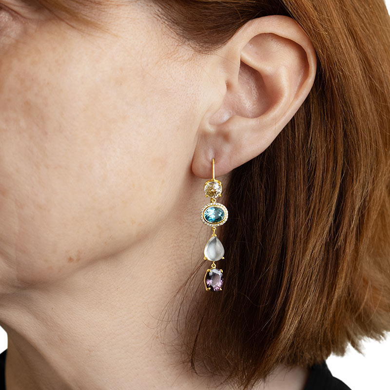 18ky Spinel Blue Zircon Moonstone and Diamond Earrings